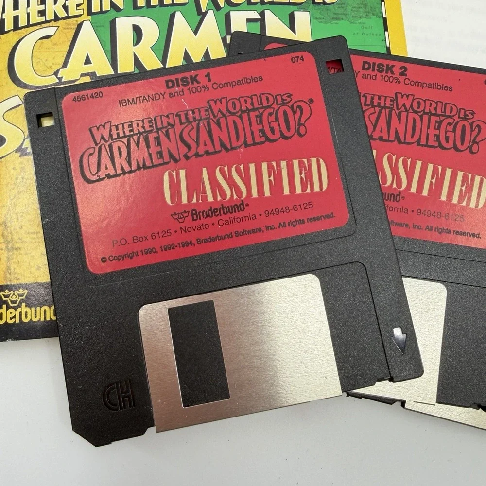 Where In The USA Is Carmen Sandiego Box Microsoft IBM PC 4 Floppy‎ Disks Vtg